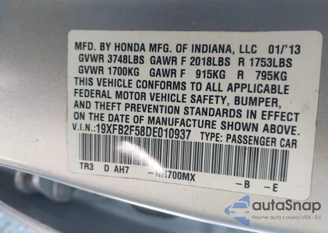 2013 Honda Civic Lx z USA, uszkodzony, nr VIN 19XFB2F58DE010937